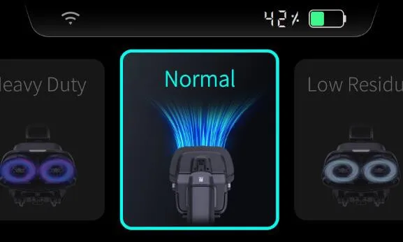 Главный экран с режимами: Heavy Duty, Normal, Low Residue