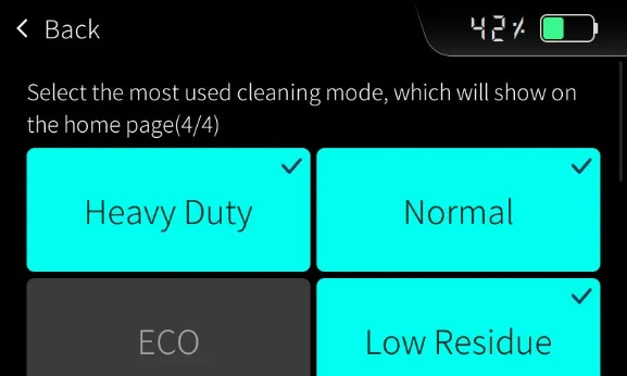 Выбор режимов для главного экрана: Heavy Duty, Normal, ECO, Low Residue